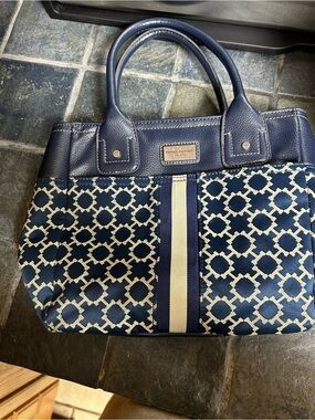Tommy Hilfiger Navy and Cream Patterned Tote with Center Stripe